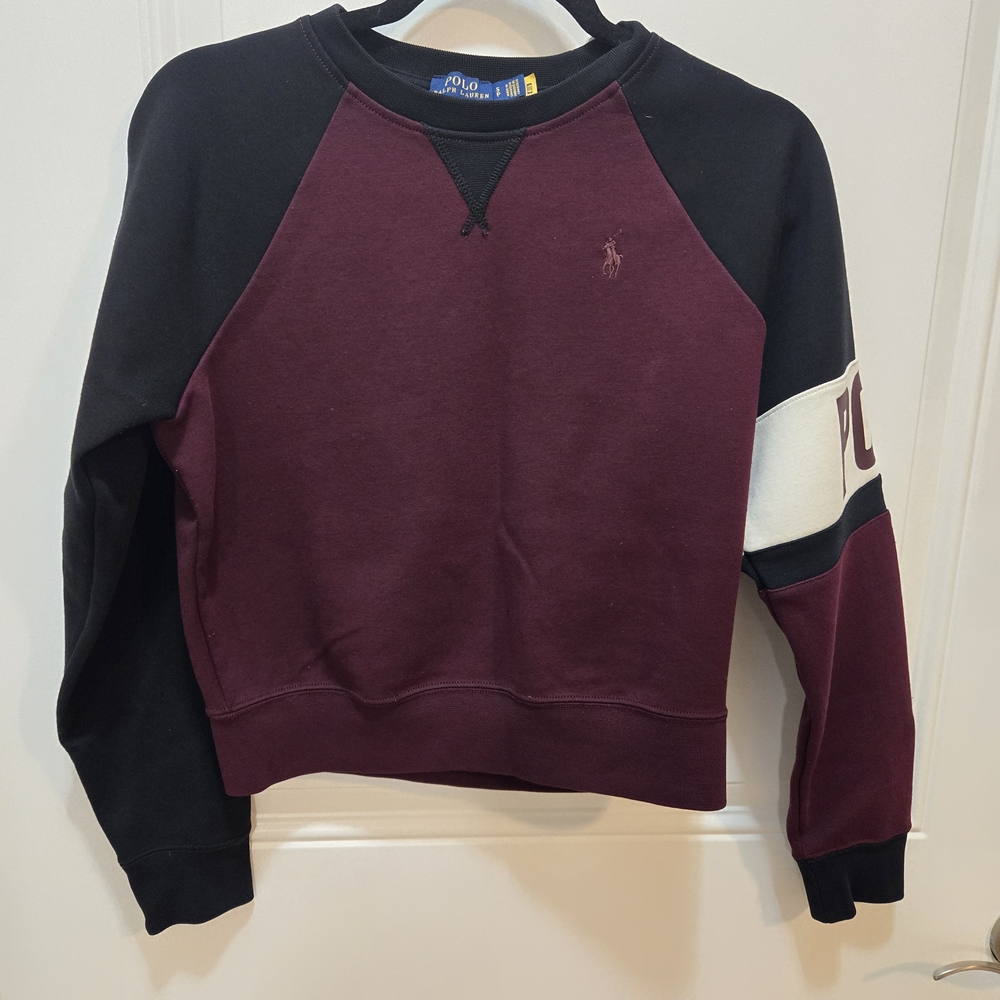 Ralph Lauren Women's Burgundy and Black V-Neck Sweater
